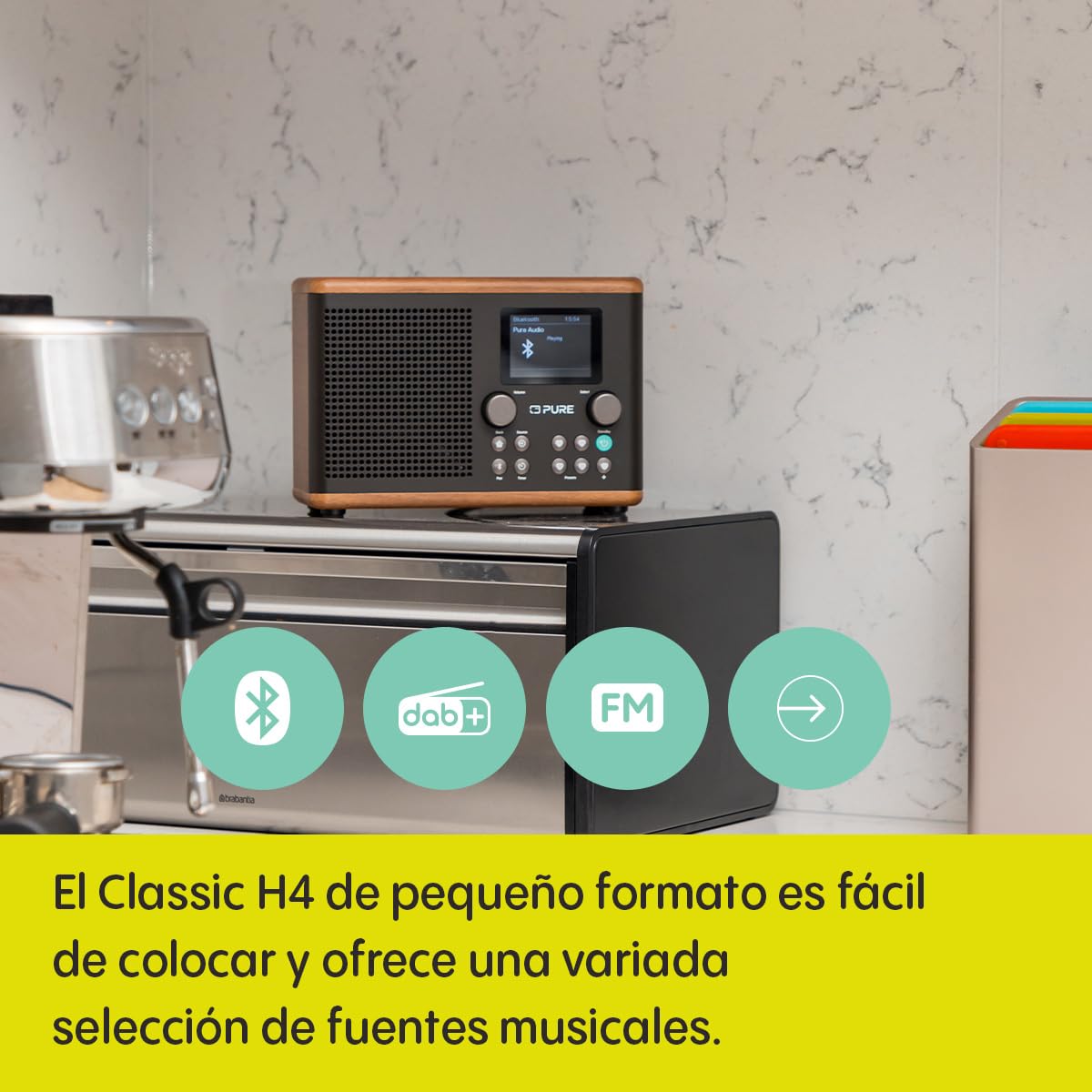 Pure Classic H4 Radio Digital de Cocina (Dab+/FM, Bluetooth, USB, AUX, Temporizador de Cocina, Alarma), Café Negro/Nogal