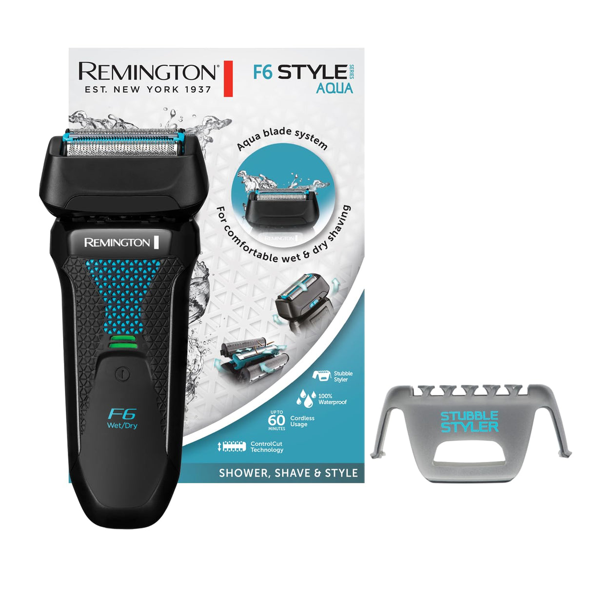 Remington Afeitadora de Láminas F6 Style Aqua - Máquina de Afeitar Inalámbrica, Láminas Flexibles Dobles Independientes, Cabezal Pivotante, Cortapatillas, 60 min Autonomía, Resistente al Agua - F6000