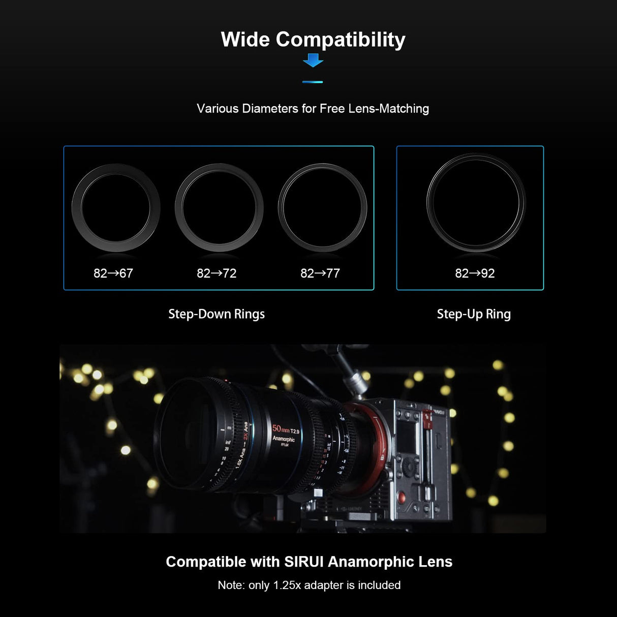 SIRUI 1.25x T2.9 Adaptador anamórfico con Enfoque único Frontal, Rosca Trasera de 82mm con Anillos (67mm, 72mm, 77mm, 92mm), Adaptador de Lente anamórfico Adicional para Lentes de Cine de la cámara