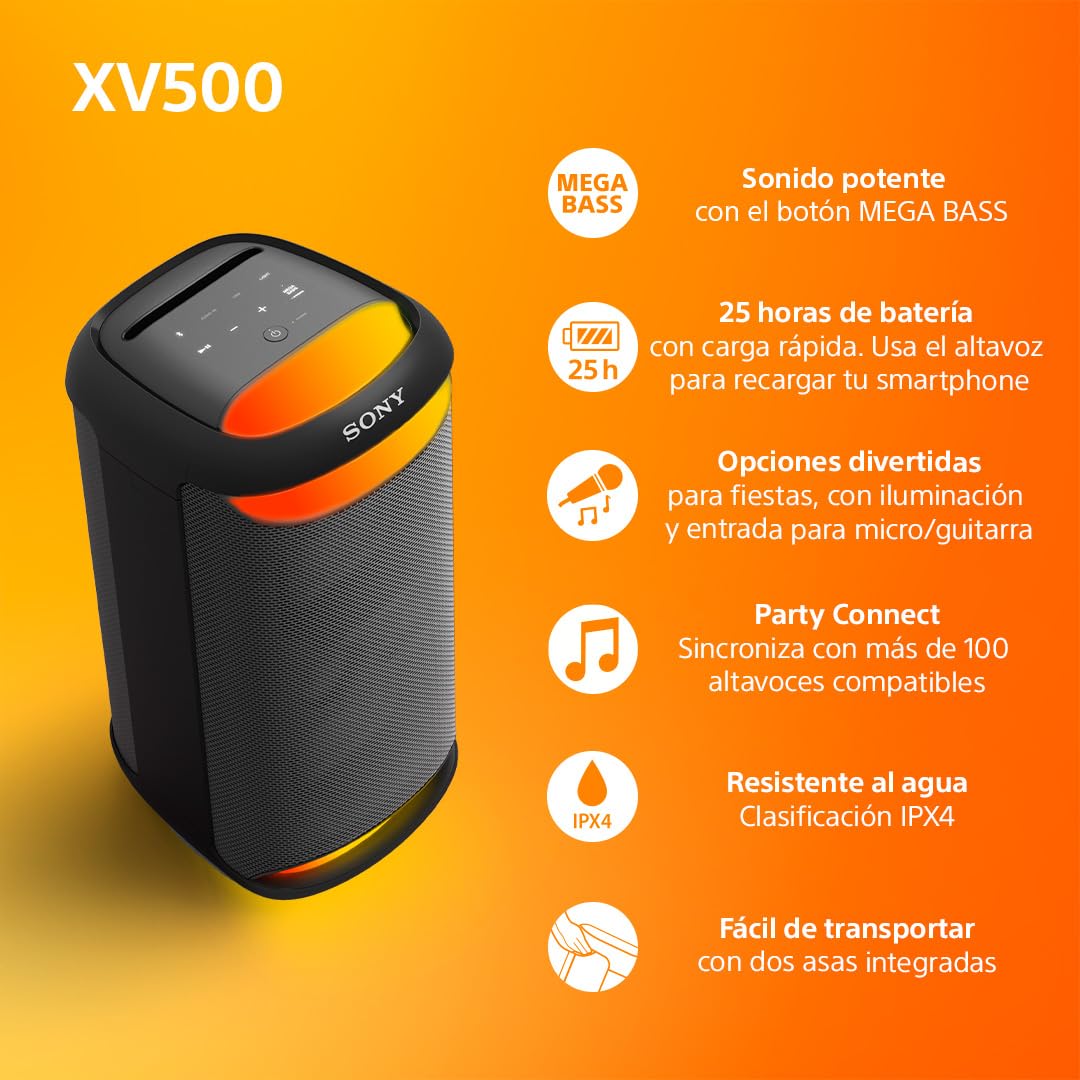 Sony SRS-XV500 Altavoz Inalámbrico Bluetooth para Fiestas, Sonido Potente, Mega Bass, 25h Autonomía, Portátil, Iluminación LED, Party Connect, Clasificación IPX4, Entrada Micrófono o Guitarra