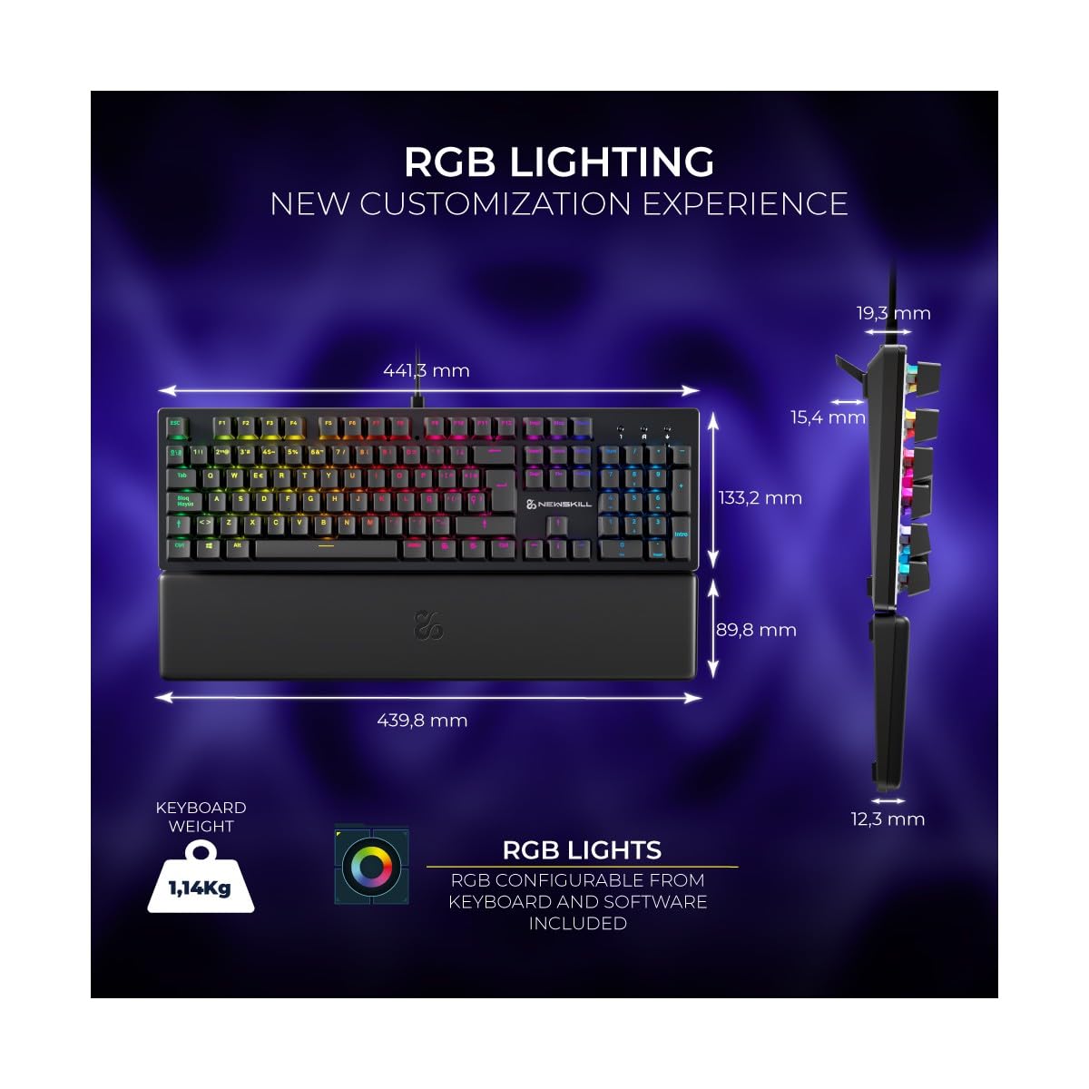 NEWSKILL Serike V2 Teclado mecánico Full Layout RGB con switches Hot-Swap lineales, Estructura metálica y reposamuñecas magnético español Negro