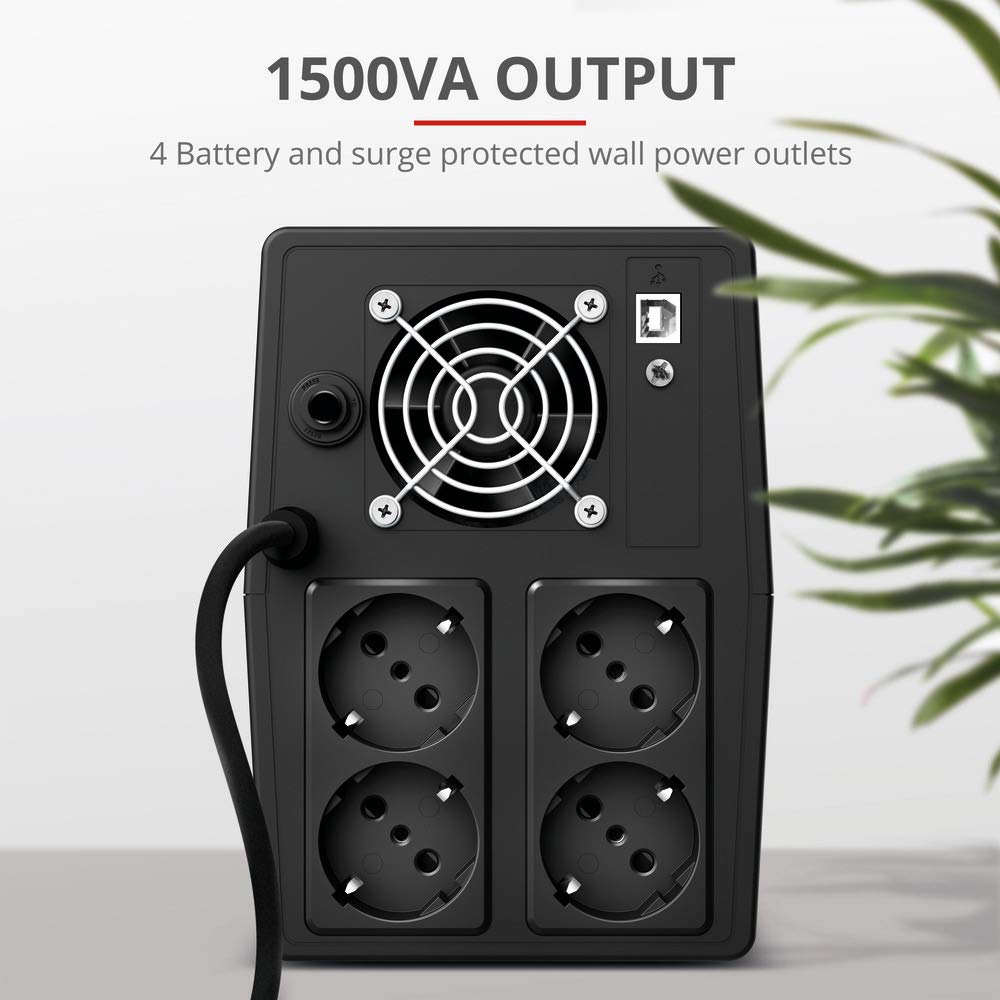 Trust Paxxon SAI PC 1500 VA Sistema de Alimentación Ininterrumpida, 4 Tomas de Pared Schuko, UPS con Batería Incorporada, Protección Incorporada contra Sobrecarga o Descarga, Ordenador, Smart TV