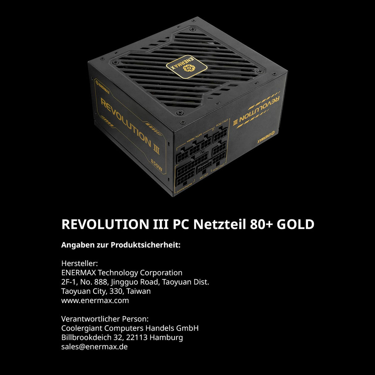 ENERMAX Revolution III 850 W | Fuente de alimentación ATX 3.1 Totalmente Modular | PCIe 5.1 | 80 Plus Gold | Ventilador silencioso FDB de 120 mm | Condensadores 105 °C jap | ERV850G-AHG-MAC