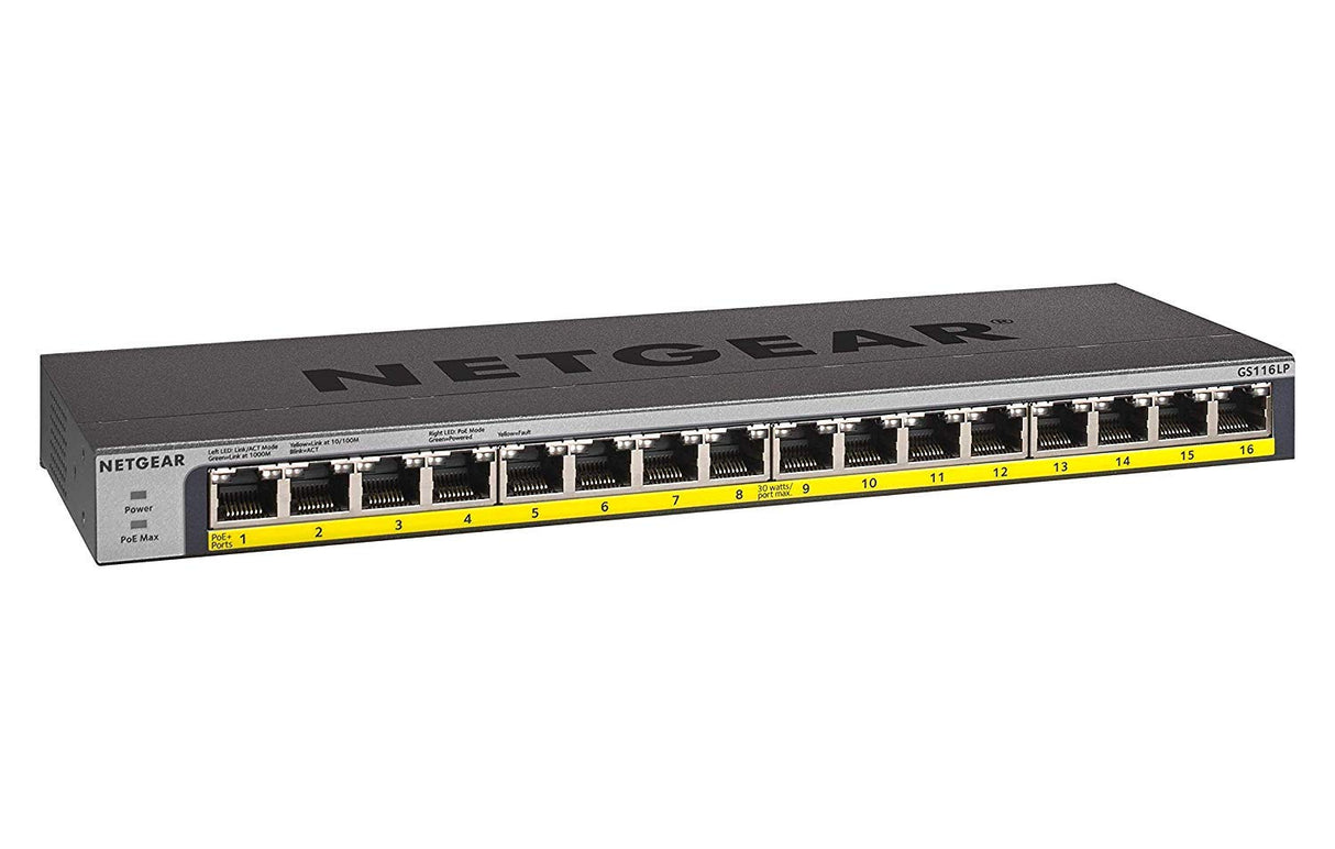NETGEAR Switch PoE Gigabit Ethernet no gestionado de 16 puertos (GS116LP) | con 16 x PoE+ consumo 76 W ampliable |de sobremesa, para montaje en pared o en bastidor | y protección limitada
