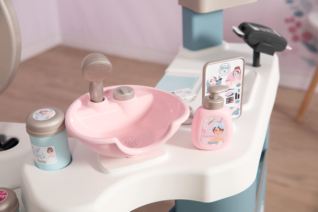 Smoby- Centro de Belleza My Beauty Center, 3 Zonas de Juego: Cosmética, Zona Lavado de Pelo, Caja mostrador, 32 Accesorios, A Partir de 3 años Medidas Montado: 97.5 x 51.4 x 100.2cm (7600320240)
