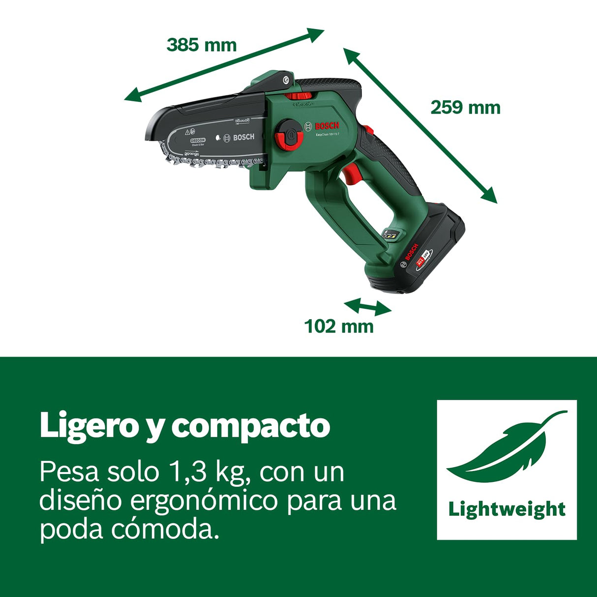 Bosch Mini Motosierra a Batería EasyChain 18V-15-7 (Para cortar madera; sistema de 18 voltios; velocidad de la cadena: 6,95 m/s; con batería de 2,5 Ah y cargador)