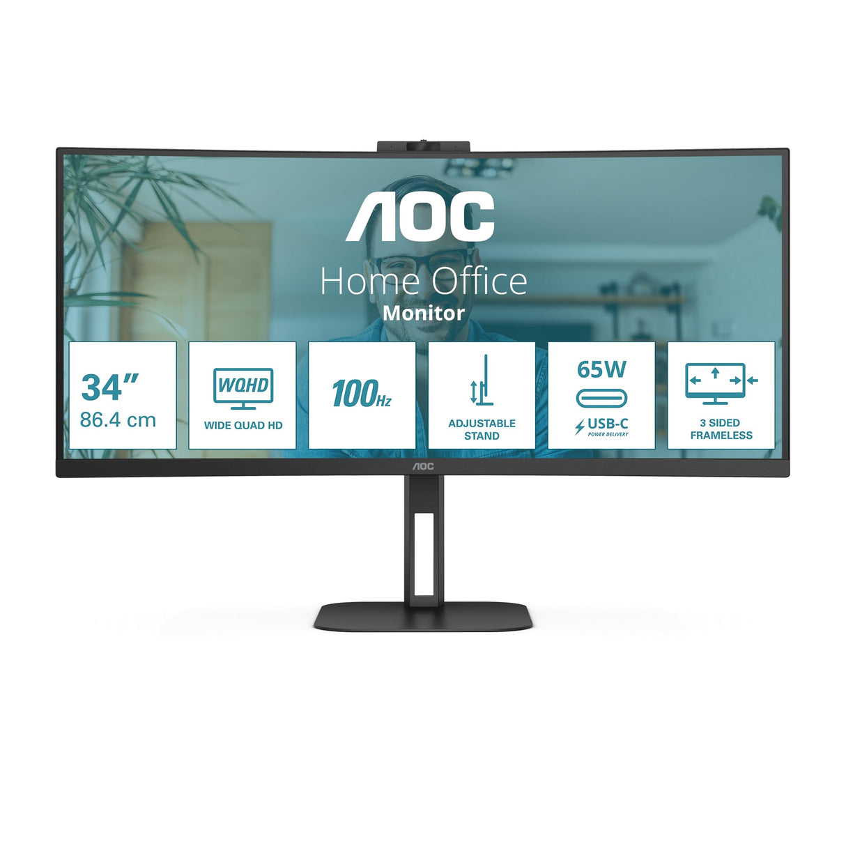 AOC CU34V5CW - Monitor QHD curvo de 34 pulgadas,100Hz, VA, WebCam, USB-C Docking,65W , USB Hub, ajustable en altura, altavoces (3440 x 1440 100Hz, 300 cd/m² , HDMI 2.0/ DP 1.2 / USB-C 3.2 DP alt)