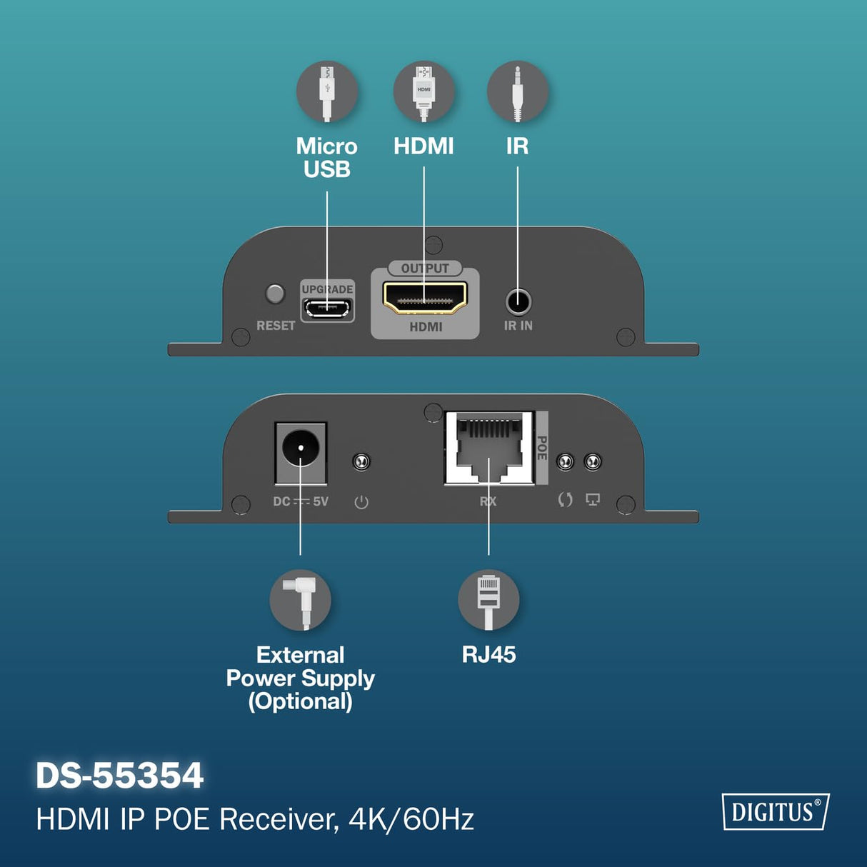 DIGITUS Receptor extensor HDMI PoE IP para DS-55353 – UHD 4k 60 Hz – HDMI 2.0 – hasta 120 m de alcance – unidad receptora – punto a multipunto – CAT 6 – negro