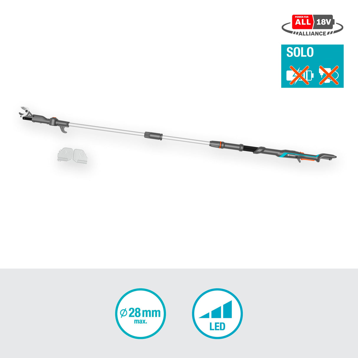 Gardena tijeras árboles con pértiga HighCut 250/18V P4A sin batería: Tijeras para ramas con pértiga hasta 4 m, cabezal de corte giratorio, mango ergonómico, pantalla LED (14774-55)