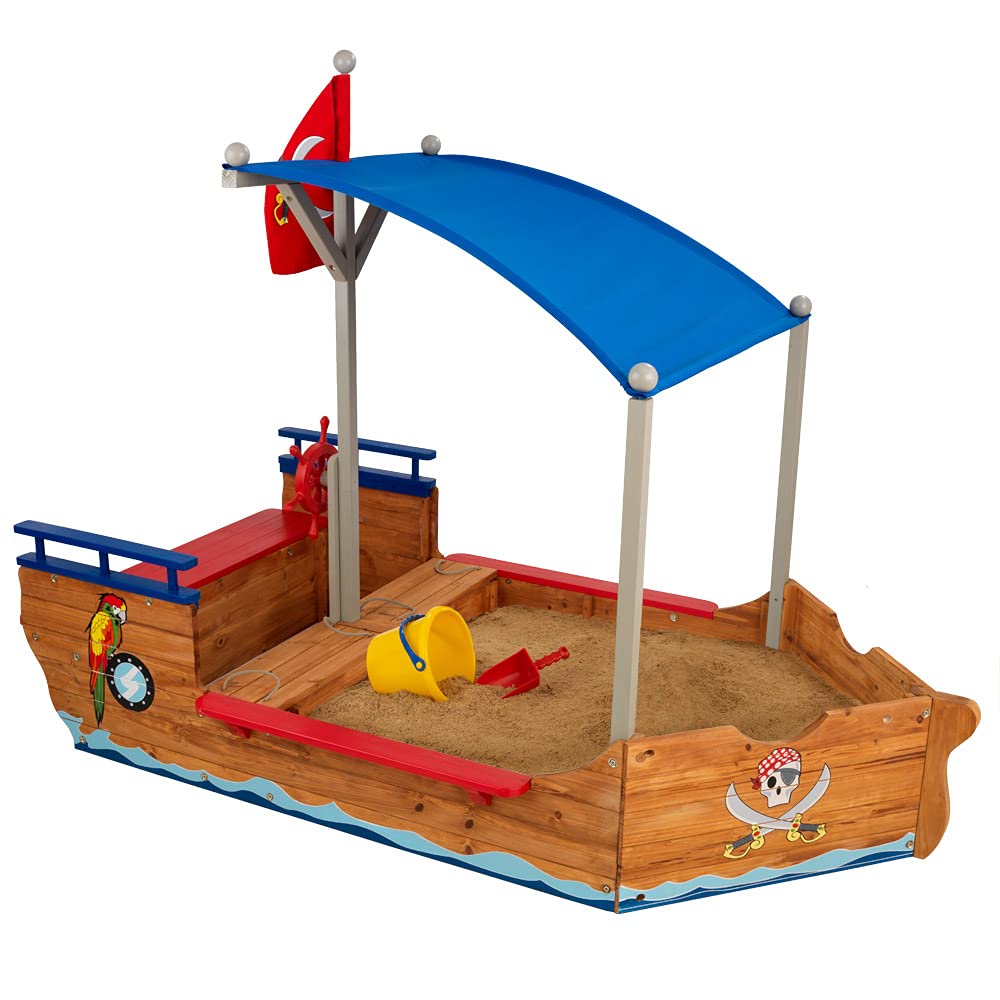 KidKraft Arenero Infantil de Barco de Piratas, Arenero Niños de Madera, Incluye Cubierta, Cubierta de Suelo, Banco, asta de Bandera, Juegos para jardín y Exterior (00128)