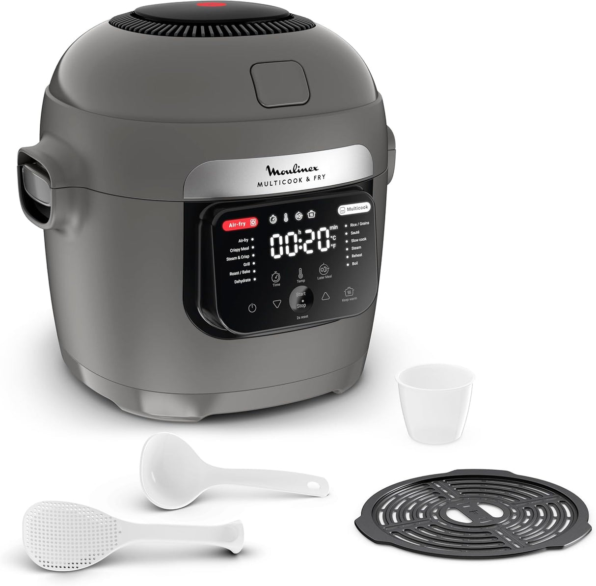 Moulinex Multicook & Fry - Robot de cocina con freidora de aire incorporada, 12 programas, cocción en 2 niveles, función de programación, 6 L de capacidad, gris hipopótamo MZ730BF0