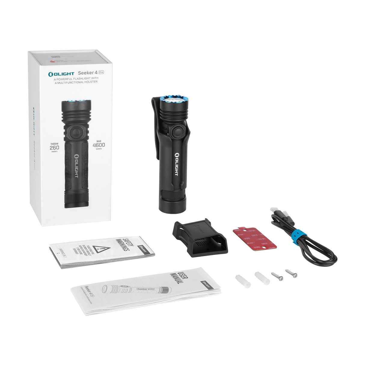 OLIGHT Seeker 4 Pro LED 4600LM 260M Recargable Funda de USB-C o Carga Magnética con Sensor Alta Potencia IPX8 Potente Linterna Largo Alcance de Comping y Senderismo(Blanco Frío, Negro)