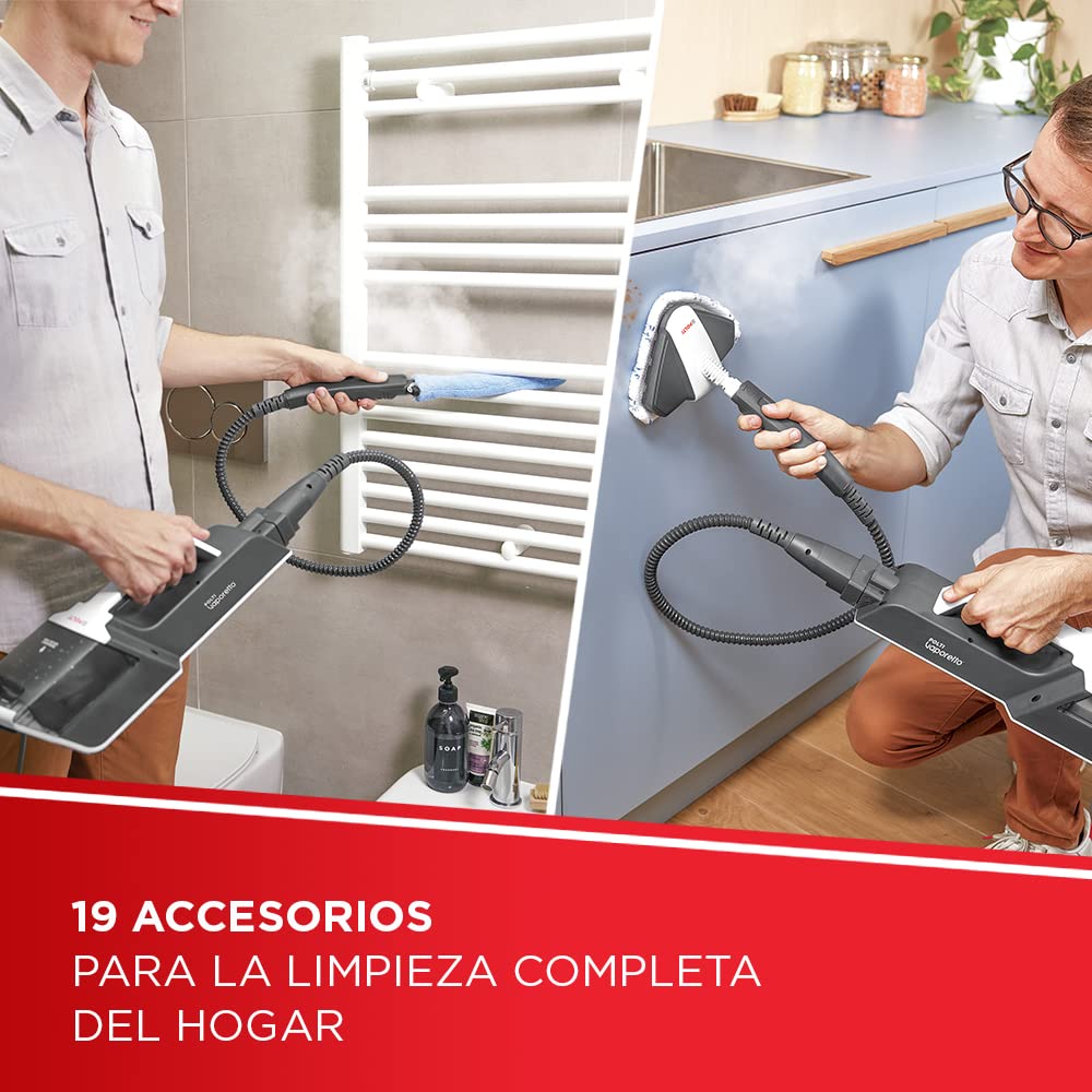 Polti Vaporetto SV650 Style, Escoba a Vapor con Limpiador Portátil Integrado, Potencia Máxima 1500 W, 19 Accesorios, Filtro Antical, Autonomía Ilimitada, Parking Vertical, Rojo y Blanco