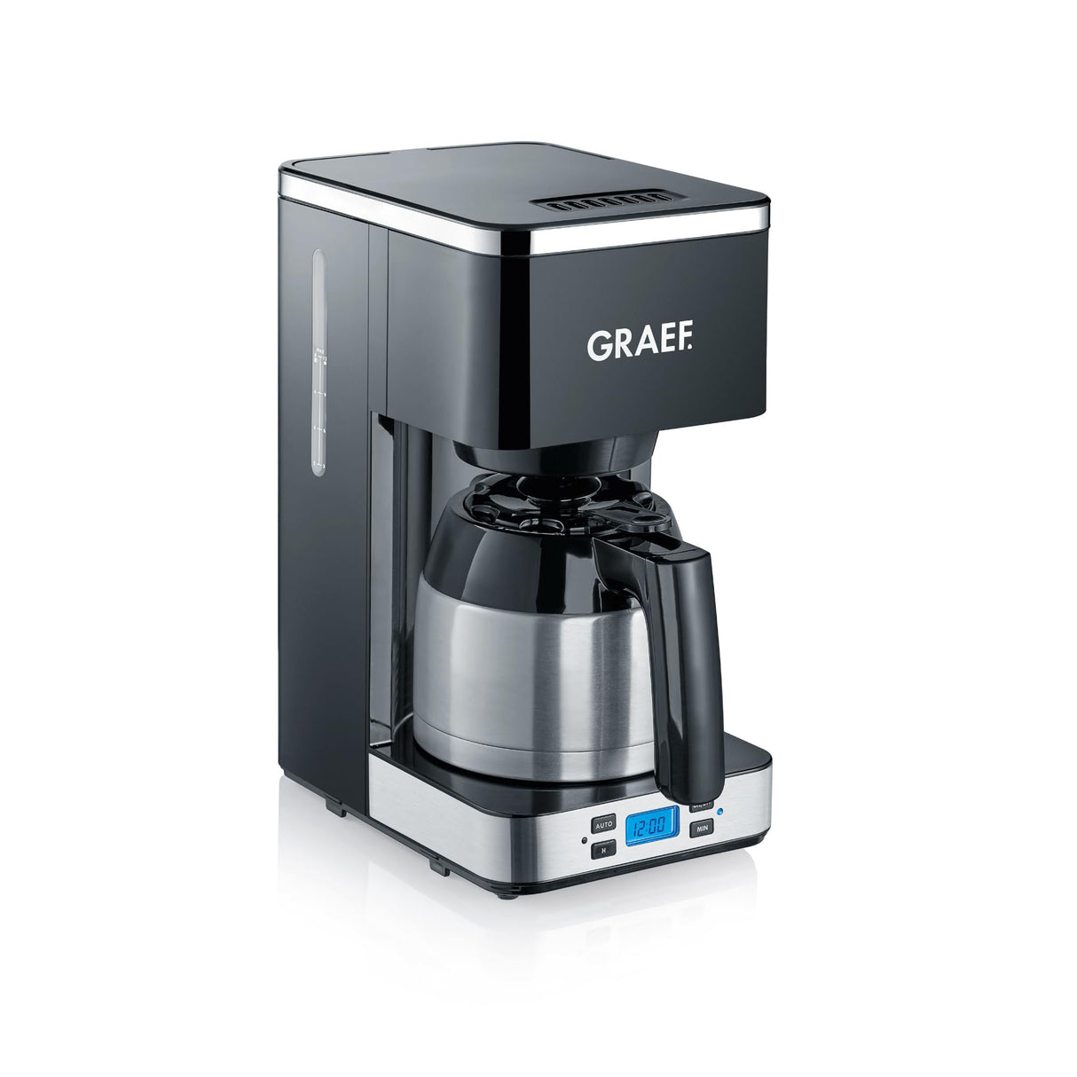 GRAEF Cafetera de filtro FK512 negra temporizador, jarra de vacío de acero inoxidable, indicador del nivel de agua, desconexión automática y optimización del sabor gracias al gran cabezal de infusión