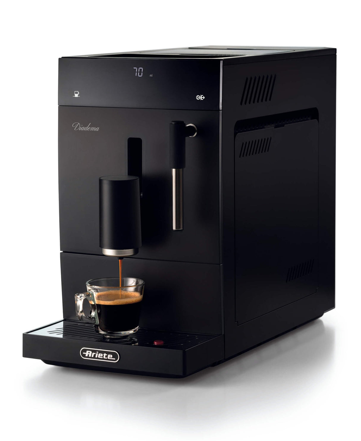 Ariete 1452 Diadema, cafetera automática, 1350W, 19 bar de presión, para café, americano y agua caliente, dispositivo capuchino, pantalla LED, dispensador ajustable, negro