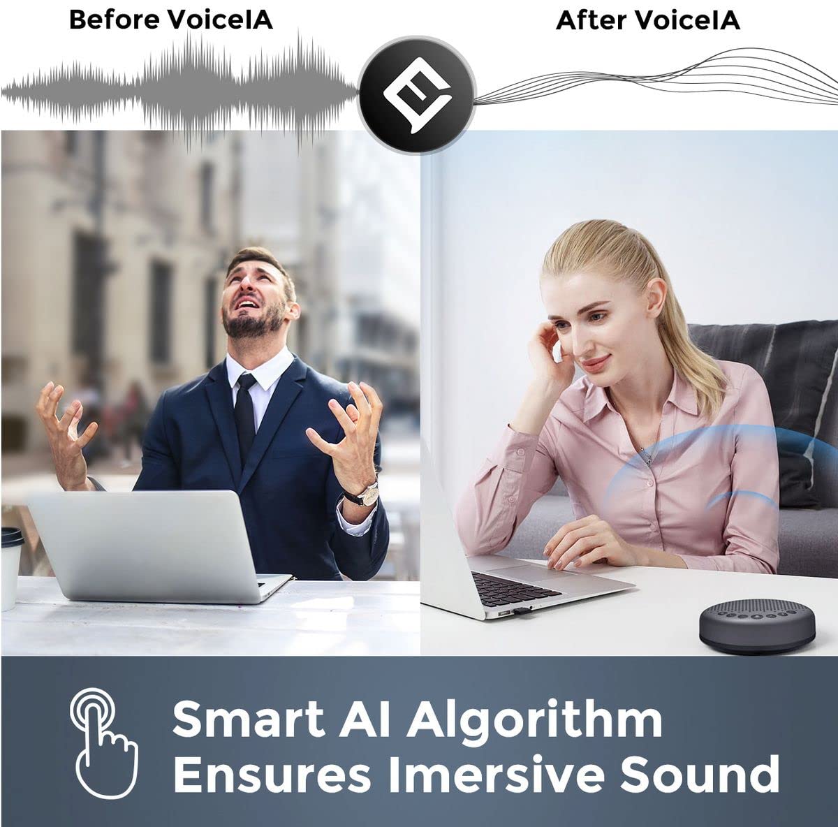 eMeet - Altavoz Bluetooth para conferencias - USB Manos Libres para 5-10 Personas Speakerphone 360 ° reconocimiento de Voz con USB Dongle, para Zoom, Skype, comunicación VoIP PC, etc (Gris)