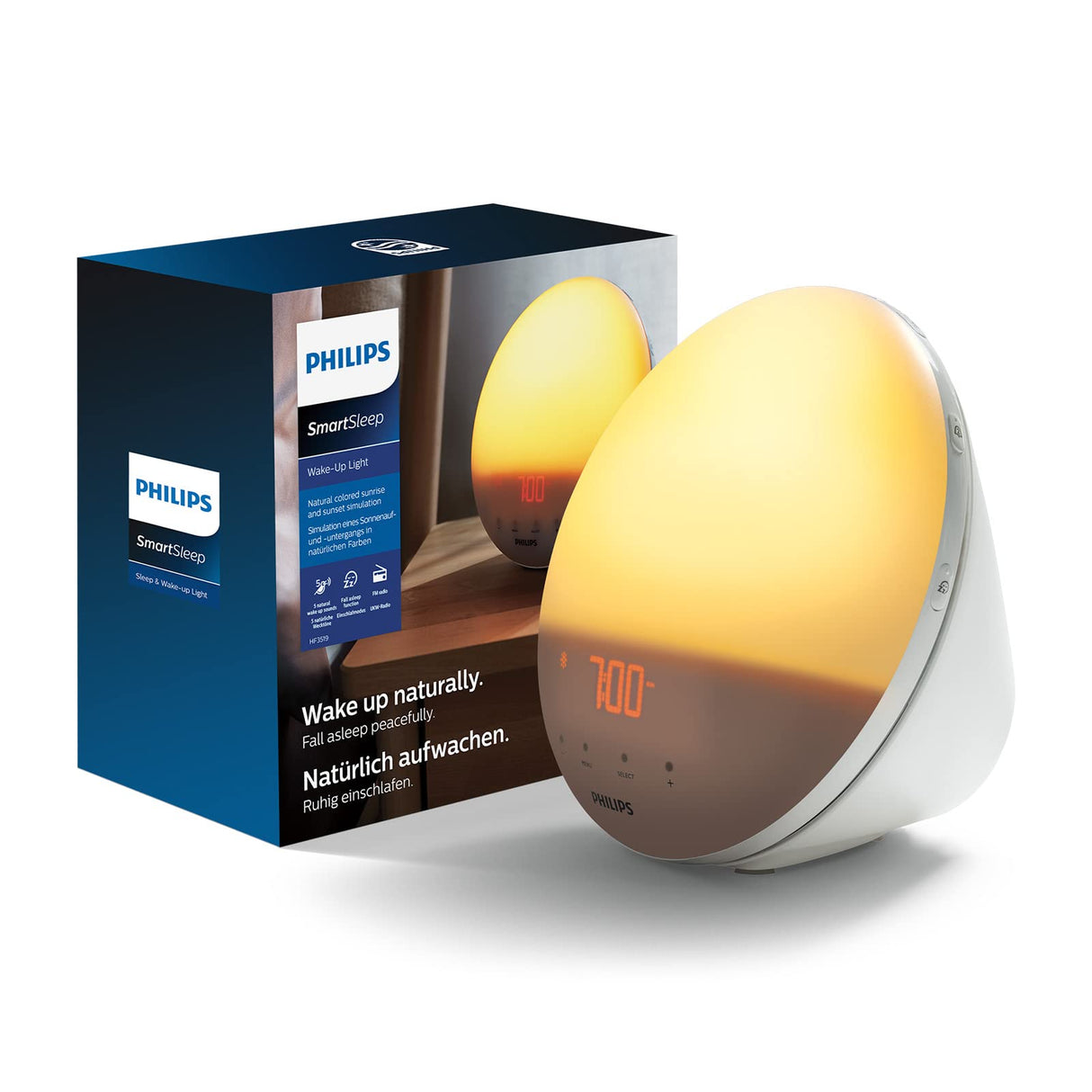 Philips Wake-up Light HF3531/01 Despertador de luz natural, 7 sonidos naturales, radio FM, alarma, con cargador móvil, plástico, Blanco, Con cargador móvil, 1 kilogramo