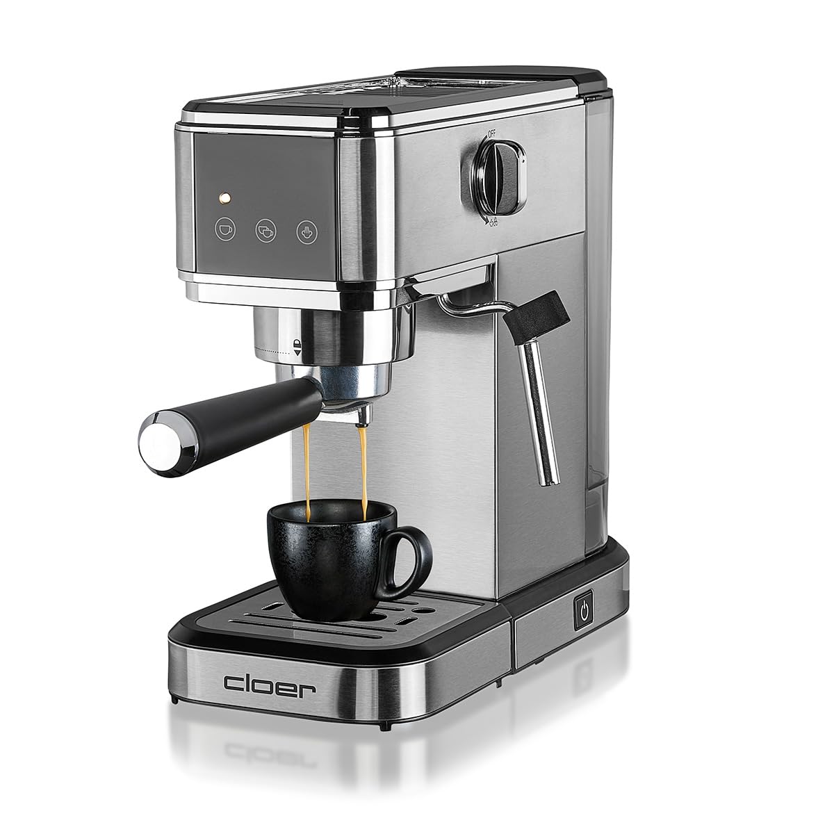 Cloer 5829 Máquina de café espresso, Cafeterea espresso con espumador de leche, 20 bares, 1350W, Diseño delgado, 1-2 tazas espressos, cappuccinos, latte macchiato, Apagado de seguridad