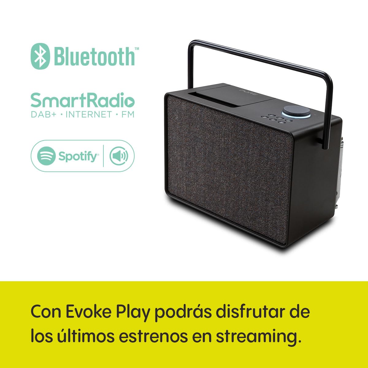 Pure Evoke Play Sistema de música versátil para Interiores y Exteriores (Radio Dab+ /FM, Radio por Internet, podcasts, Spotify Connect, Bluetooth en un Rico Sonido estéreo de 40W), Negro café
