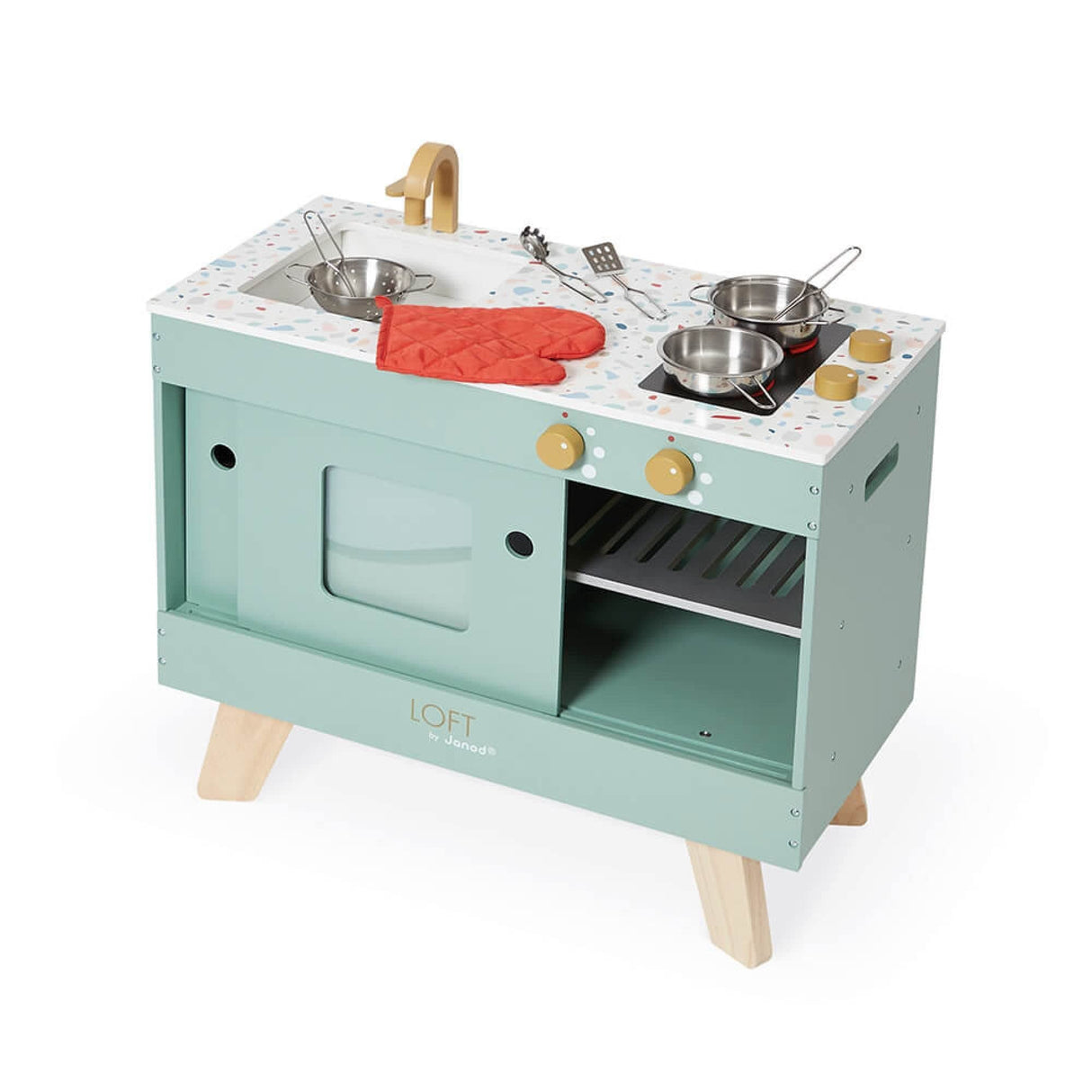 Janod - Cocina de Madera Loft - Juguete Imitación Cocina y Vajilla - Vintage y Actual - 7 Utensilios de Metal y Guante de Tela - Pintura al Agua - A Partir de 3 Años, J06556