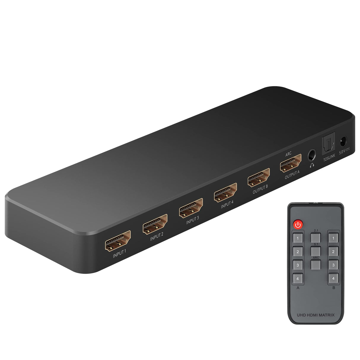 goobay 58479 HDMI Matrix Switch 4 a 2/Divisor Matrix Switch 4k @ 60 Hz/con mando a distancia para reproductor de Blu Ray, Xbox, PS5 y TV/conmutador de 4 entradas y 2 salidas,Schwarz