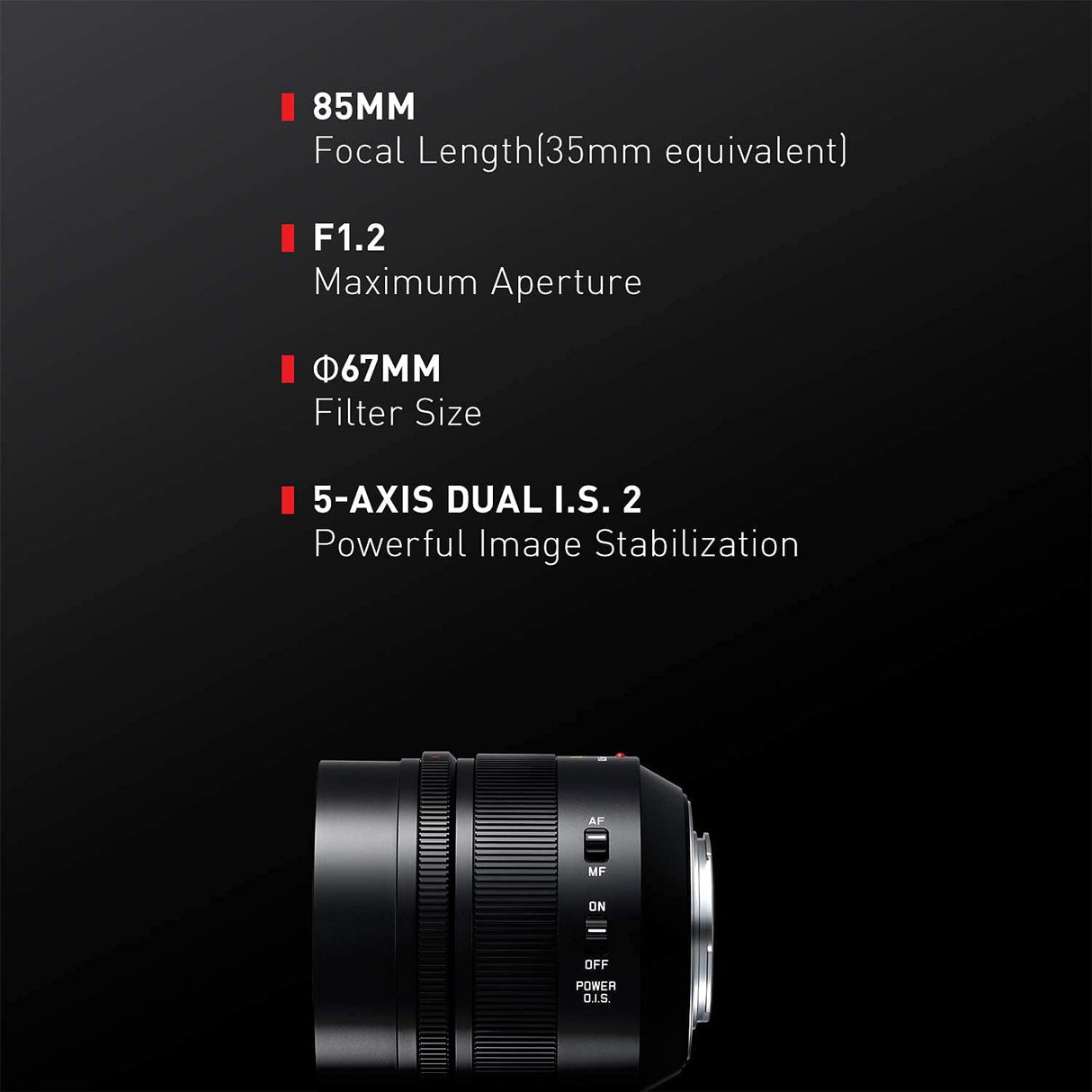 Panasonic LEICA DG NOCTICRON H-HS043 - Objetivo Focal fija para cámaras de montura M4/3 (Focal 42,5 mm, F1.2, tamaño filtro 67 mm, lentes asféricas, POWER O.I.S), negro