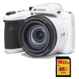 KODAK Pack Bridge Digital Pixpro Astro Zoom AZ405 + Tarjeta SDHC Kodak Ultra High Speed U1 32GB - Cámara Digital 20 MP, Zoom 40X, Gran Angular, LCD, Video Full HD 1080p, OIS, Pilas AA - Blanco