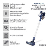 Tower T513008 VL35 Plus Aspiradora sin Cable 3 en 1 – Aspirador Vertical con Filtro HEPA y Cabezal Antienredos – Aspiradora sin Bolsa con Depósito de 1 Litro, 22.2 V - Azul Oscuro y Plata