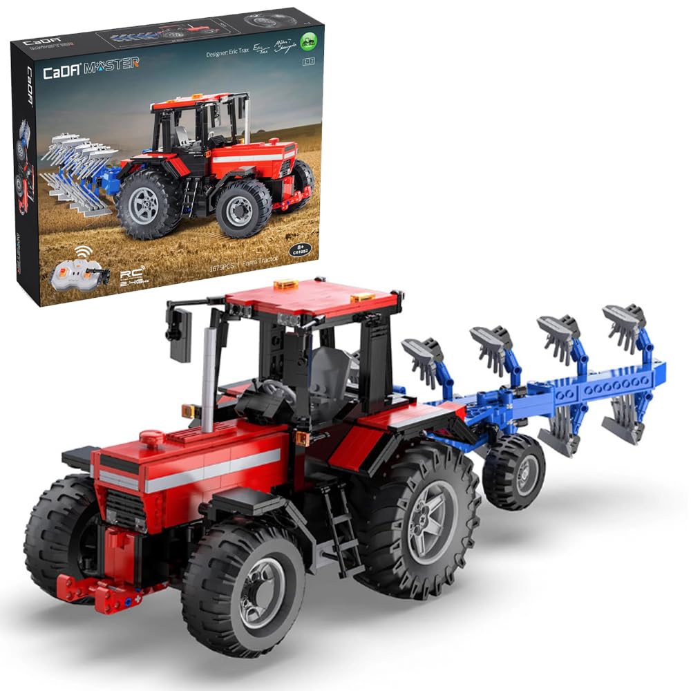 Cada Master - Tractor con apero - De Color Rojo- Set de construcción Premium - con R/C y Control por App - 1675 Piezas - 8+ - (DeQube 927DE61052)