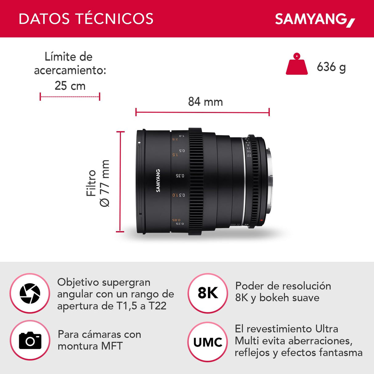 Samyang SA1514 - Lentes de Cámara Compatibles con 24MM T 1.5 MK2 MFT, Negro