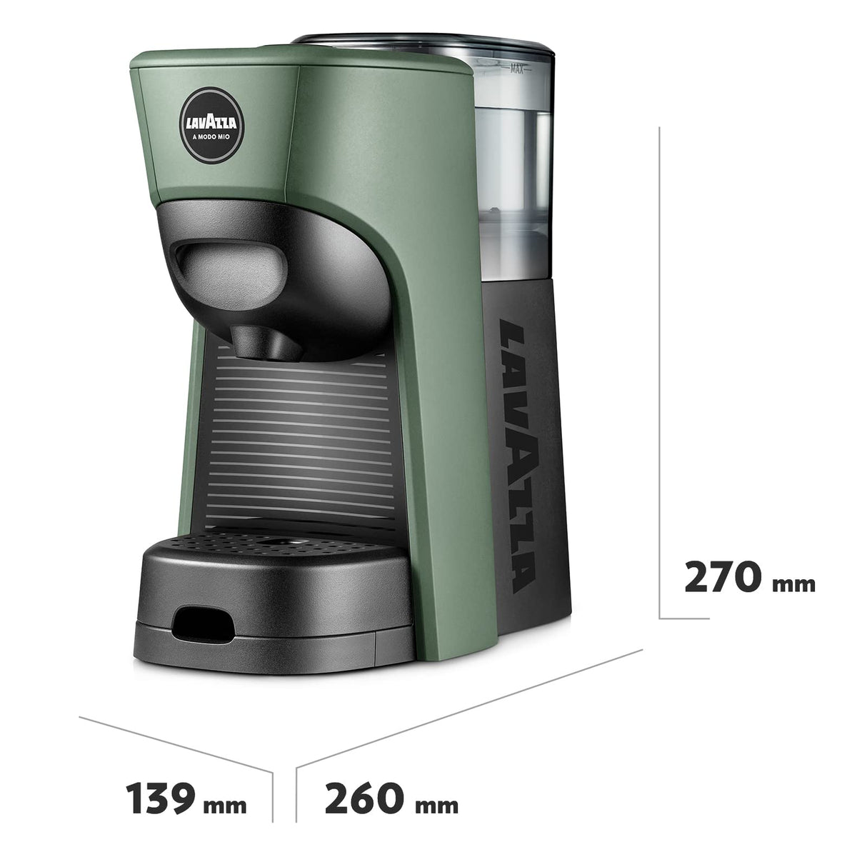 Lavazza, A Modo Mio - Máquina de café Tiny Eco verde con 64 cápsulas ¡Tierra! Surtidas, cafetera expreso de plástico reciclado, 1450 W, 220-240 V, 50/60 Hz, 0,6 litros