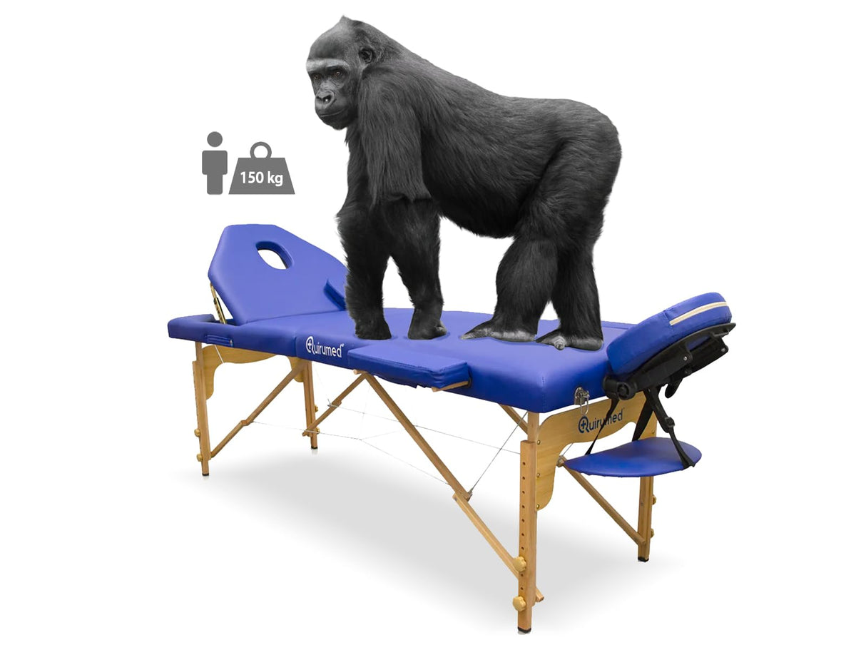 QUIRUMED Camilla de Masaje Plegable de Madera Elite, Color Blanco, 194 x 70 cm, Polipiel, Portátil, Respaldo abatible, Cabezal extraíble, Orificio Facial, Altura Regulable, hasta 150 kg