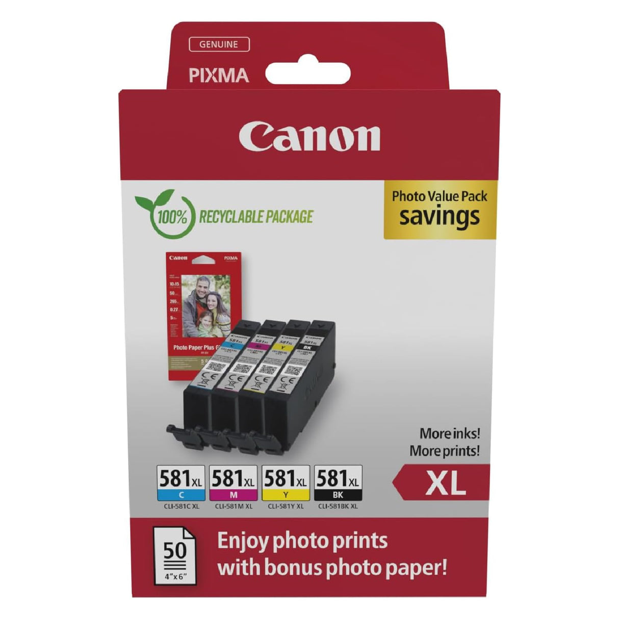 Multipack cartouches d'encre + pack papiers photo - CANON - CLI-581XL Noir/Cyan/Magenta/Jaune - Haut rendement