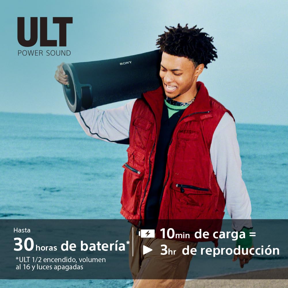 Sony ULT FIELD 7 Altavoz inalámbrico bluetooth portátil con ULT POWER SOUND y Deep Bass, altavoz X-Balanced, 30H de batería, IP67, resistente al agua, iluminación LED, micrófono, entrada para guitarra