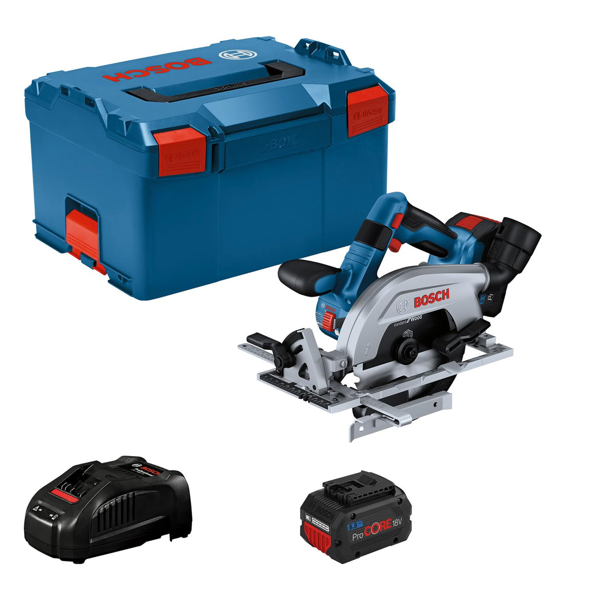 Bosch Professional 18V System GKS 18V 57-2 L - Sierra circular a batería (disco izquierda, Brushless, Ø 165 mm, profundidad de corte 57 mm, 2 baterías ProCORE 5.5Ah, en L-BOXX)