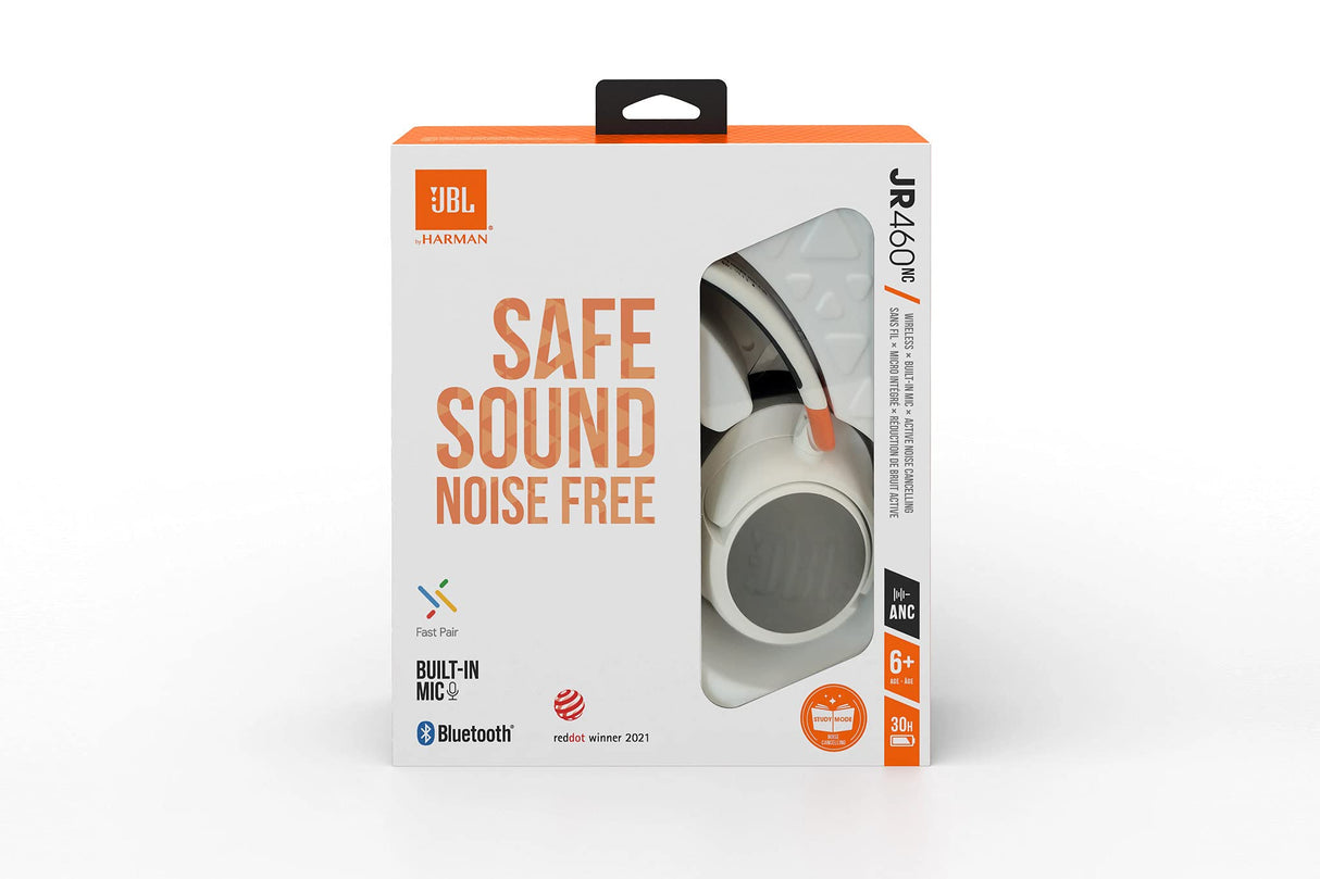 JBL JR460 NC Auriculares inalámbricos Over Ear portátiles con Bluetooth y cancelación de ruido, para niños, hasta 20 horas de duración y una carga rápida, blanco