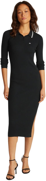 Tommy Jeans Vestido Tipo Polo Mujer Midi con Apertura en la Pierna, Negro (Black), S