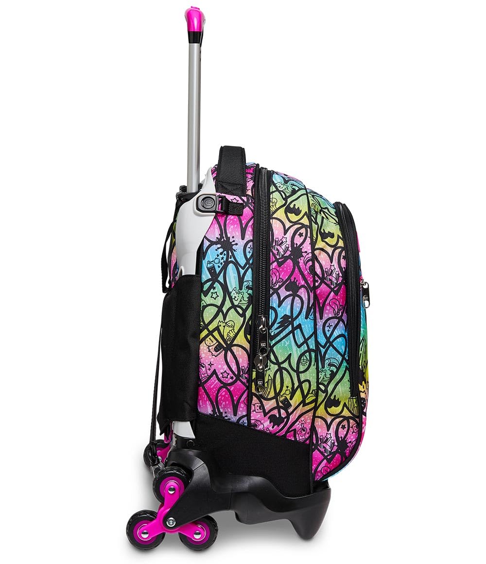 Seven Mochila con 3 Ruedas Trolley JACK-3WD - Colour Expression, Multicolor con Corazones - Mochila 3 en 1, Mochila Escolar con Carro, Crossover System - Bolso Escolar Niñas y Adolescentes