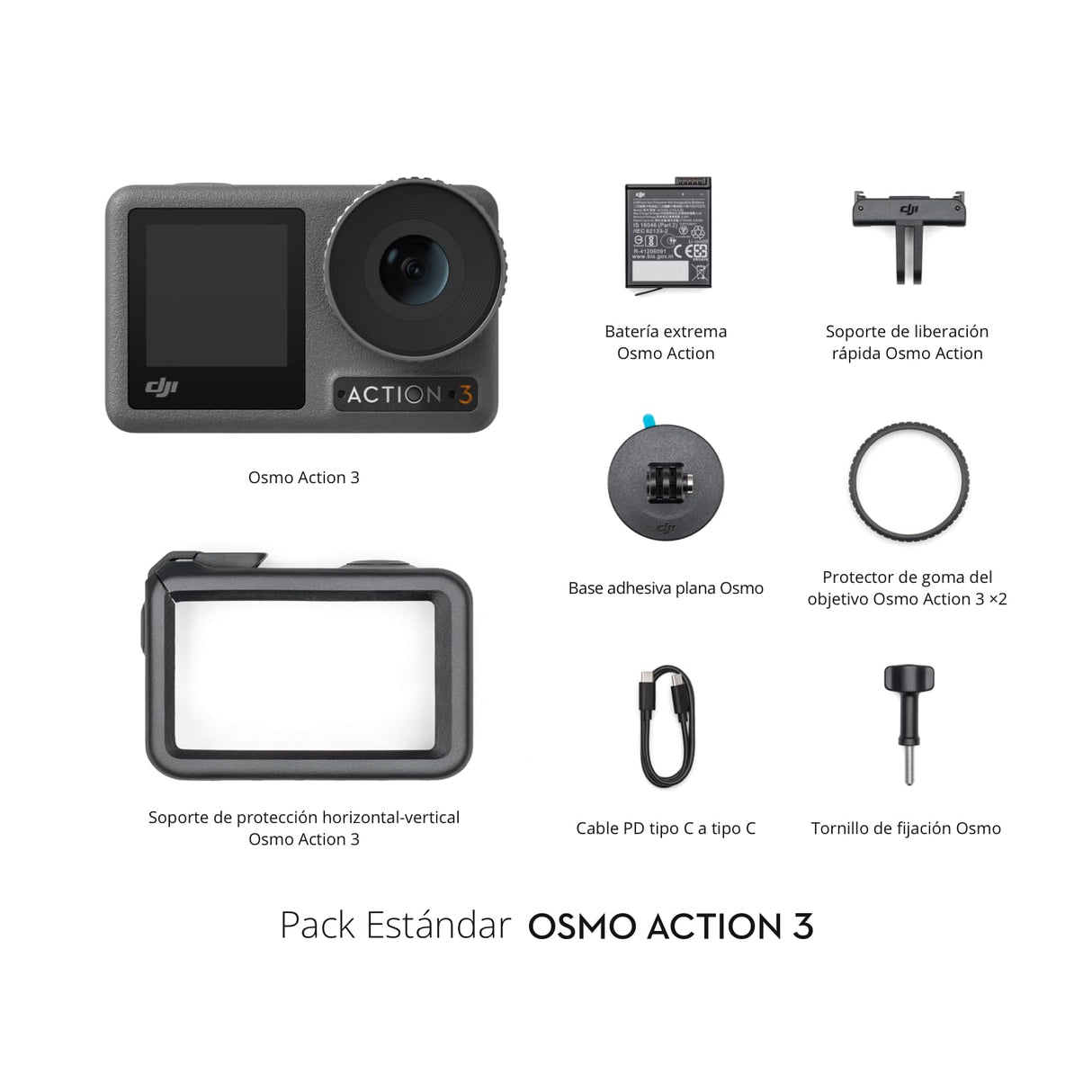 DJI Pack Estándar Osmo Action 3 - Cámara de acción 4K, FOV superamplio, HorizonSteady, soporte vertical de liberación rápida, sumergible a 16 m, dos pantallas táctiles