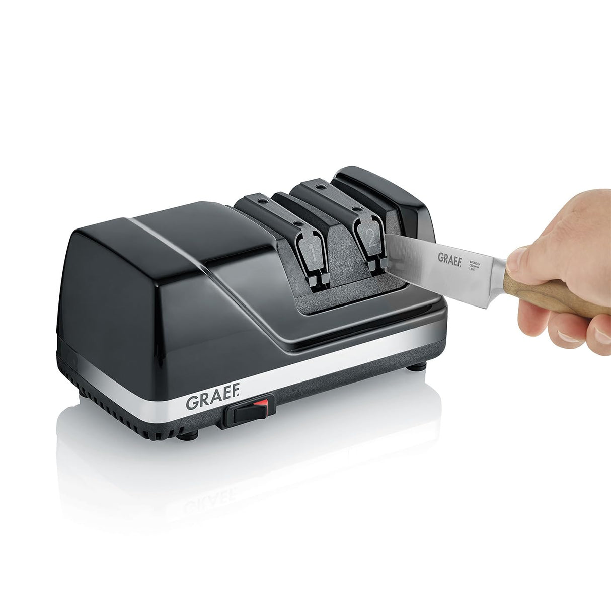 GRAEF Afilador de cuchillos de diamante CX110 con ángulo de afilado de 15°, afilador eléctrico con guía de cuchillas de elastómero, tecnología Dizor XV, discos de diamante para cuchillas asiáticas