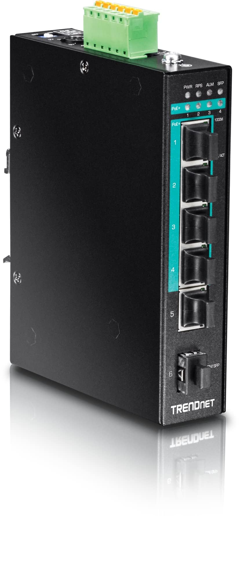 TRENDnet, TI-PG541i, Switch DIN-Rail administrado de Capa 2 PoE+ Gigabit Industrial Reforzado de 6 Puertos, 4 Puertos Gigabit PoE+ 802.3at, 1 Puerto Gigabit, 1 Ranura SFP Gigabit, Consumo de 120 W