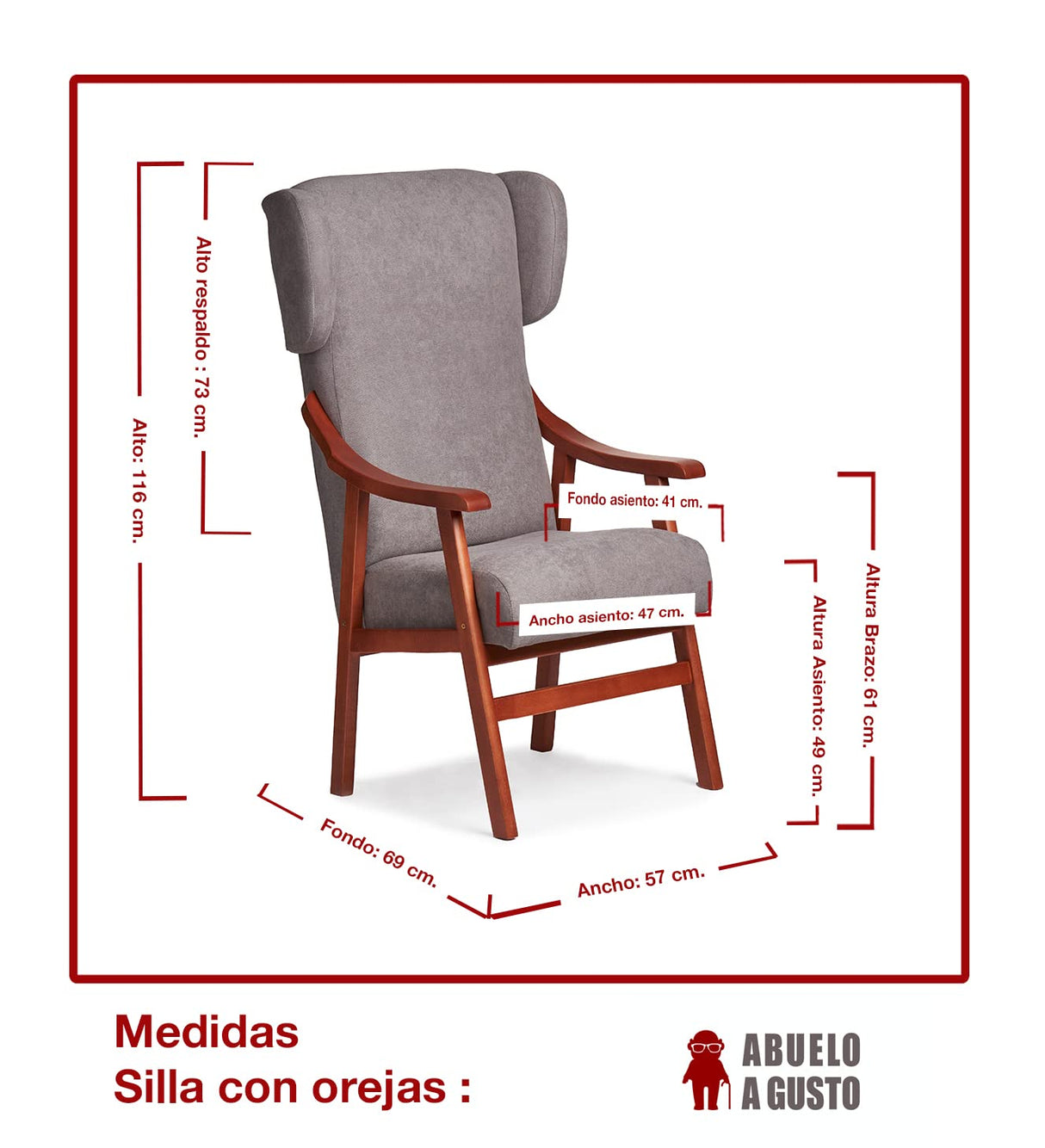 Abuelo a Gusto- Silla con Brazos, Orejas y apoya-Cabezas de Madera, con Respaldo Recto y sentada Alta, Ideal para Personas Mayores o Personas con Movilidad Reducida. Tamaño: 57x69x116 cm.