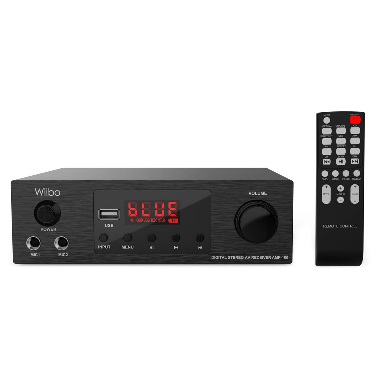 Wiibo AMP 100 - Amplificador HiFi - Conexión Bluetooth - Entrada USB - Respuesta Lineal - Potencia 50W + 50W - 2 Entradas de Micrófono - Pantalla LED - Mando a Distancia - Equipo de Sonido