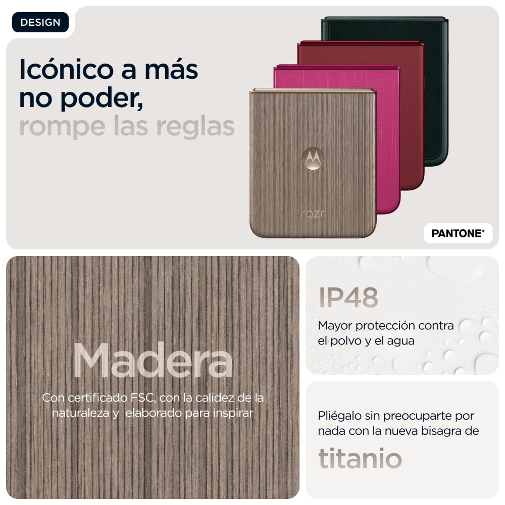 Motorola rarz 60 Ultra, 32GB (16GB+16GB RAM Boost)/512GB Madera, Sistema de cámaras de 50MP con Moto ai, batería 4500 mAh, cárga rápida de 68W, Snapdragon 8 Elite, + Moto Tag
