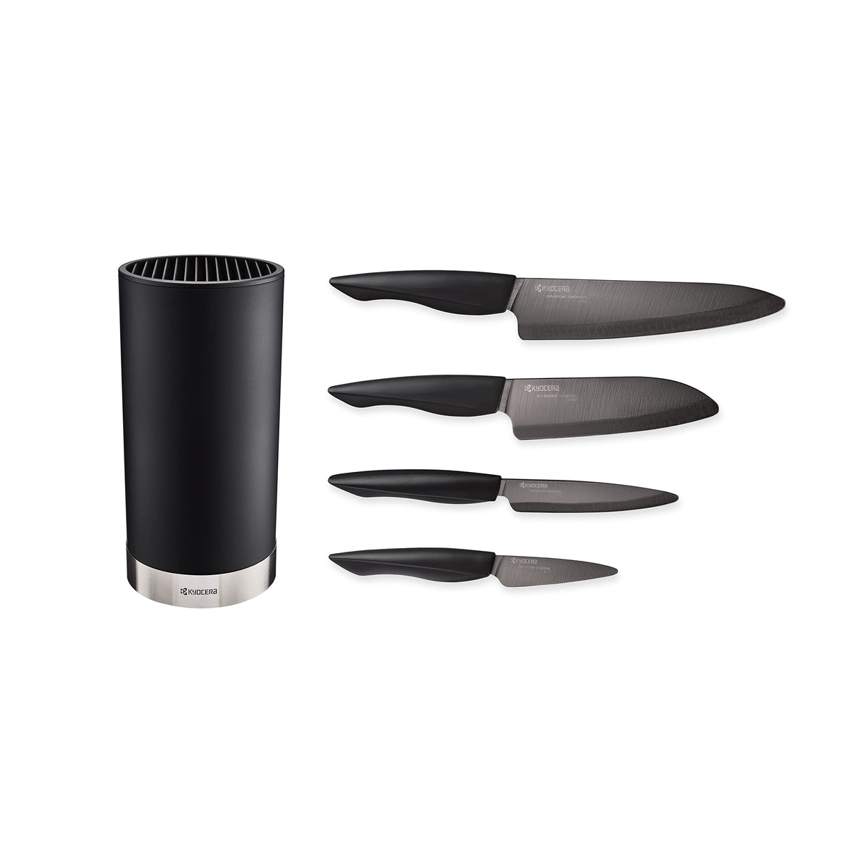 KYOCERA Juego de cuchillos de cerámica negro con cuchillo de pelar, cuchillo multiusos, cuchillo universal y cuchillo Santoku y bloque de cuchillos redondo para 8 cuchillos, KB-RD BK 4KN ZK EU