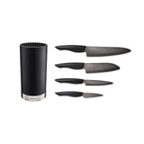 KYOCERA Juego de cuchillos de cerámica negro con cuchillo de pelar, cuchillo multiusos, cuchillo universal y cuchillo Santoku y bloque de cuchillos redondo para 8 cuchillos, KB-RD BK 4KN ZK EU
