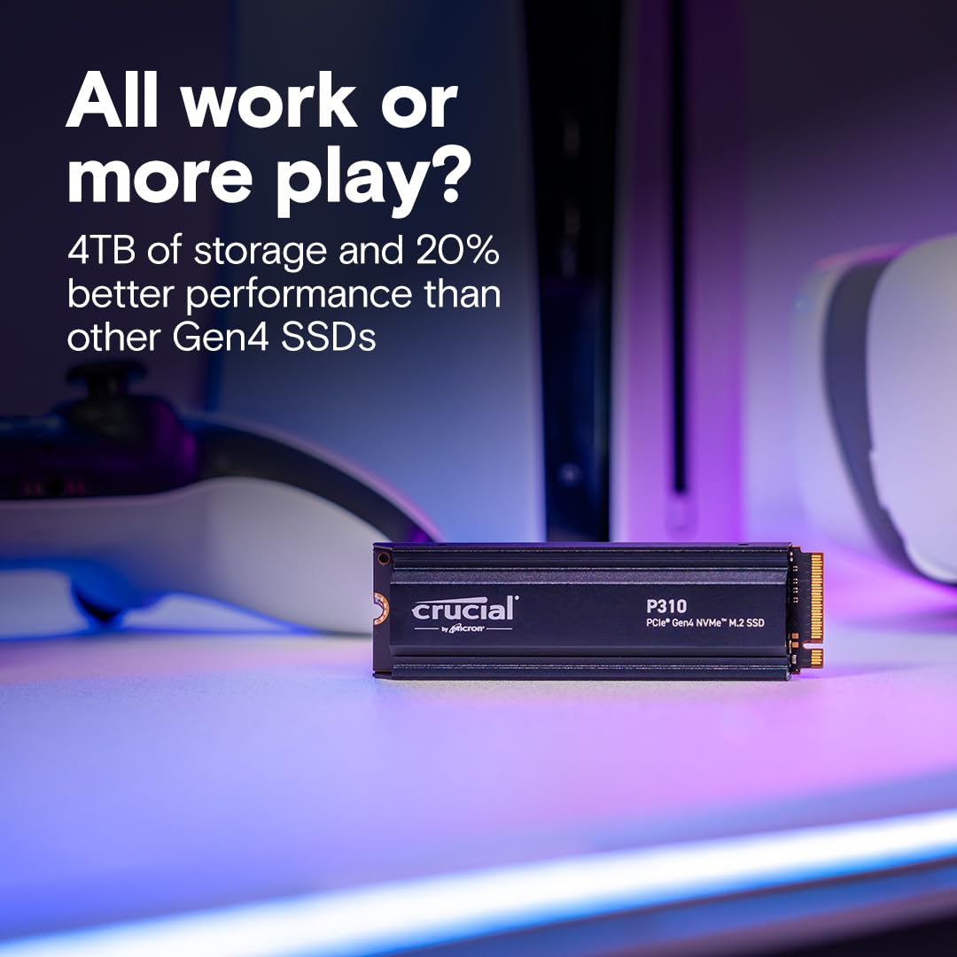 Crucial P310 SSD 2TB PCIe Gen4 NVMe M.2 PS5 SSD Interno Gaming con Disipador, Hasta 7100 MB/s, Compatible con PlayStation 5, Ordenador Portátil y de Sobremesa, Disco Duro SSD - CT2000P310SSD5-01