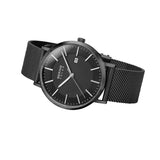 BERING 15439-222 Reloj solar para hombre con caja de acero inoxidable de 39 mm con acabado negro y esfera negra, correa milanesa, cristal de zafiro y resistencia al agua de 10 ATM