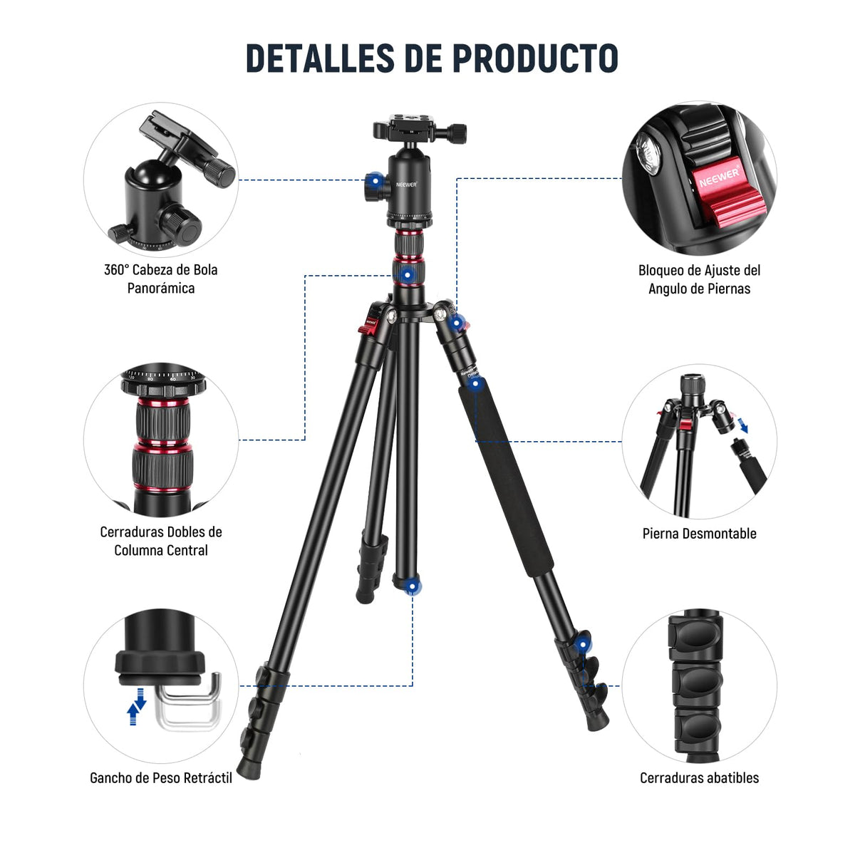 NEEWER 77" Trípode Monopie Cámara con Soporte Móvil Trípode Portátil Viaje con Control Remoto 360° Cabezal Esférico 2 Ejes Columna Central Placa Arca QR y Bolsa Trípode DSLR de Aluminio Máx 34lb, TP77