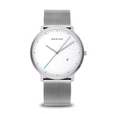 BERING 11139-004 Reloj de cuarzo unisex con caja de acero inoxidable plateado de 39 mm y esfera blanca, correa milanesa, cristal de zafiro y resistencia al agua de 3 ATM